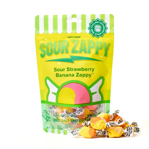 Sour Strawberry Banana Zappy Taffy Taffy Shop Wholesale 12-Pack (7oz) Bags 